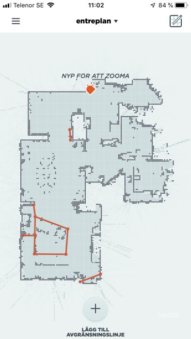 App visar våningsplan med virtual boundary lines tecknade för robotdammsugaren Neato D5 Connected.