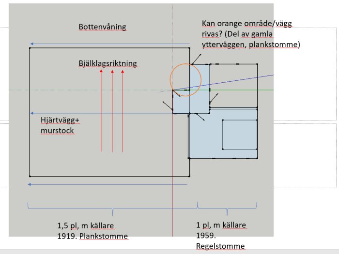 Ritning av en husgrund med bottenplan, markerat område för rivning och bjälklagsriktning.