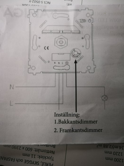 Schema på en dimmer för installation, med markerad inställning för bak- och framkantsdimmer.