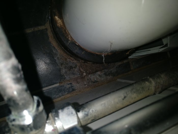 Smuts och möjligt mögel bakom toastol nära rör och borttaget kakel med ersättande matta.