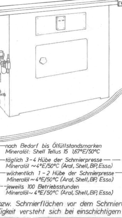 Skiss av maskin och instruktionstext för oljeviskositet och smörjintervaller.