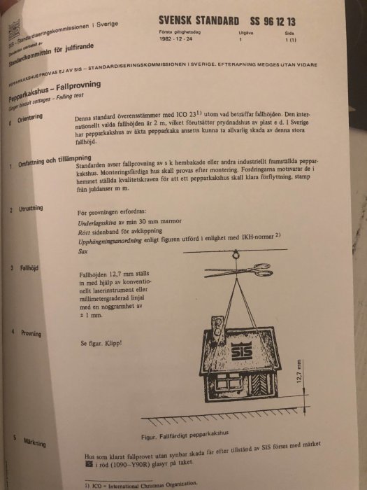 Illustration ur Svensk Standard för fallprovning av pepparkakshus, visar hus och mätpendel med måttangivelser.