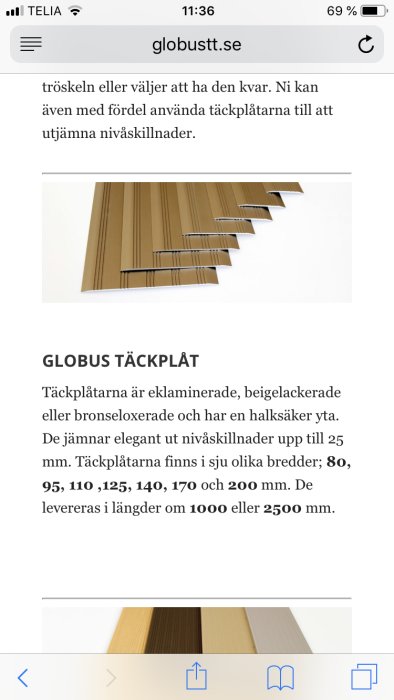 Beige och bronsfärgade GLOBUS täckplåtar i olika bredder visas i staplar, avsedda för att utjämna nivåskillnader.