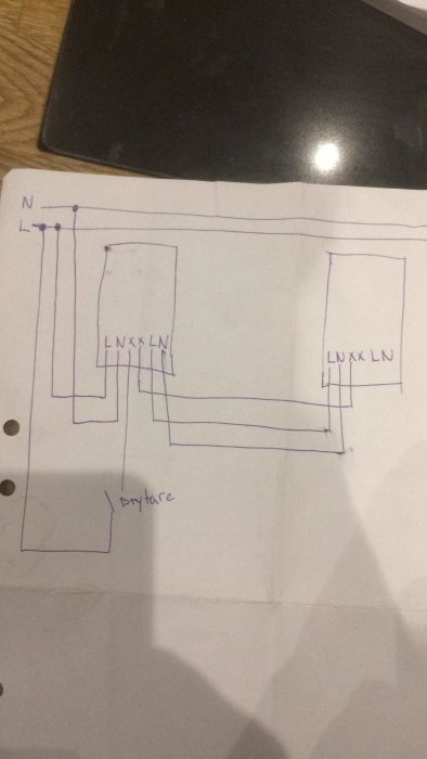 Handritat kopplingsschema för downlight med drivare och dimmer markerat med "N", "L" och pilar på ett vitt papper.
