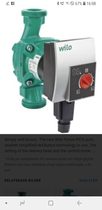 Wilo Yonos Pico cirkulationspump 25/1-6 med digital display och röd justeringsknapp.