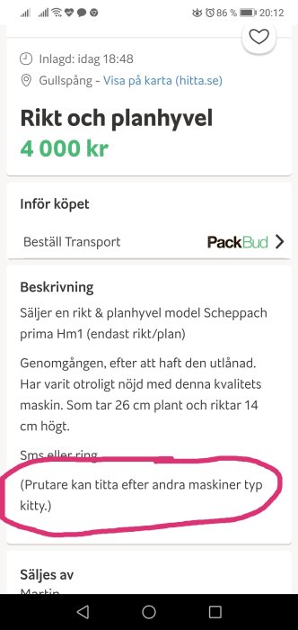 Skärmdump av en försäljningsannons för en planhyvel från Scheppach med kommentar om Kityhyvlar.