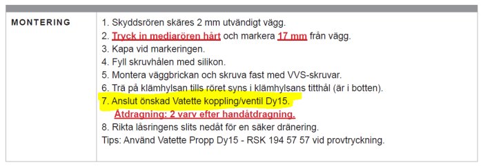Monteringsinstruktioner för Vatette koppling med markerad steg om att ansluta koppling/ventil och handåtdragning.