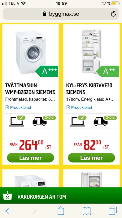 Skärmdump från hemsida med erbjudanden på Siemens tvättmaskin och kyl/frys, inklusive priser och energiklasser.