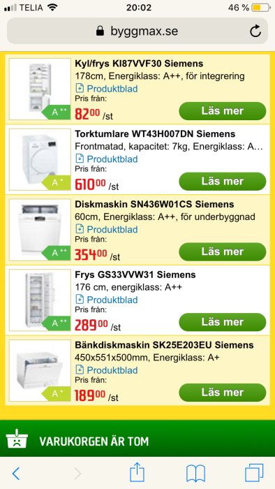 Skärmdump från en webbutik med priser på vitvaror som kyl/frys, torktumlare, diskmaskiner.