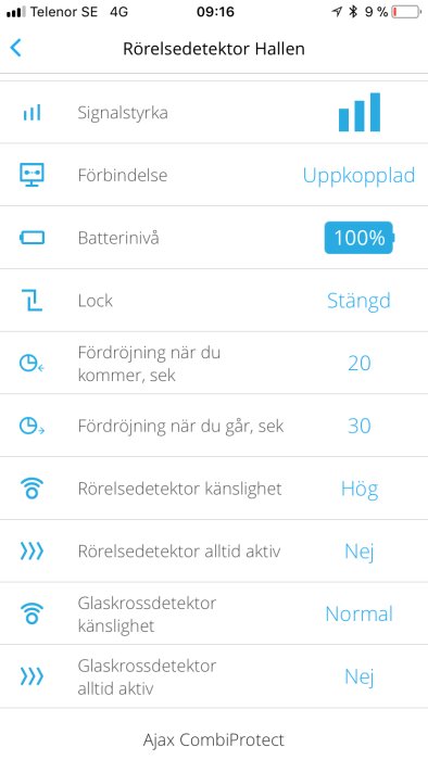 Skärmdump av inställningar i en CombiProtect med val för rörelsedetektorkänslighet och glaskrossdetektor.