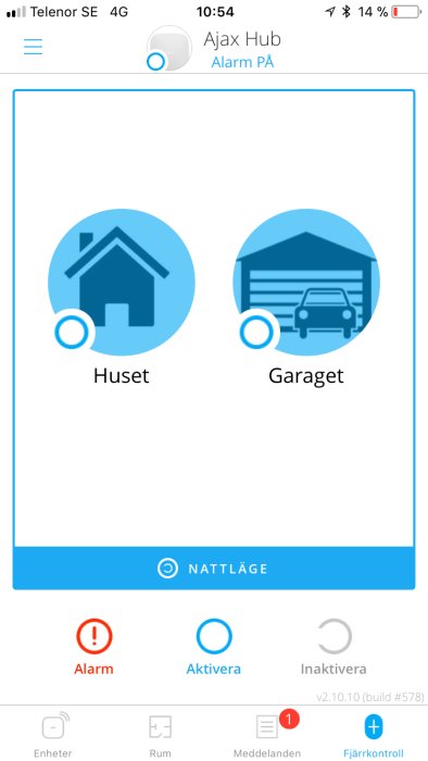 Skärmdump av Ajax Hub app som visar larmläge för huset och garaget, med 'Nattläge' aktiverat.