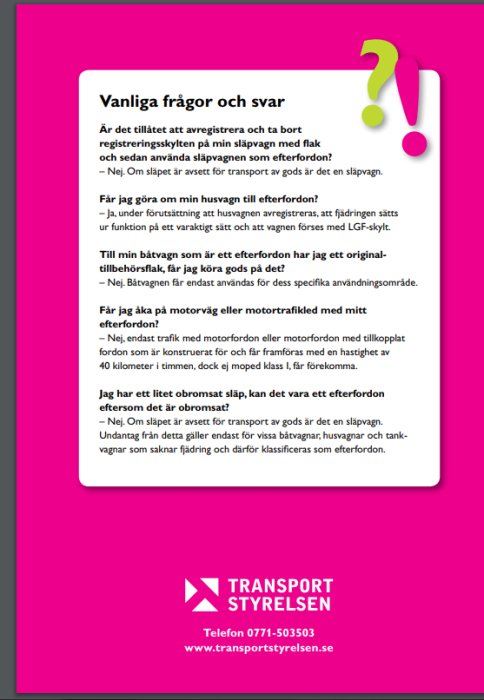 Skärmbild av en FAQ-sektion från Transportstyrelsen med frågor och svar om användning av släpvagnar och eftersläp.