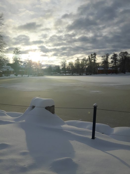 Vintersolnedgång över snötäckt landskap med träd och hus i bakgrunden.