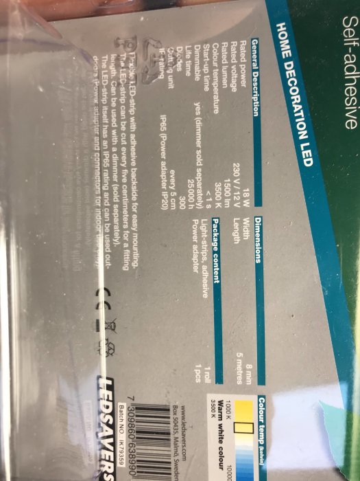 Förpackning av LED-slinga med tekniska specifikationer som visar strömförbrukning, färgtemperatur och längd.