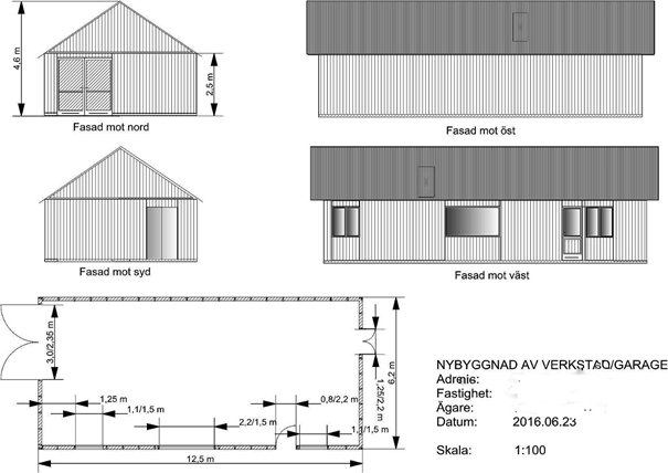 Ritningar av en verkstadsbyggnad inklusive fasadvyer från norr, öst, syd och väst samt måttangivelser.