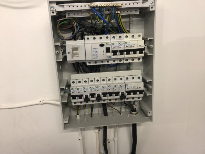 Öppet elskåp med säkringar, automatsäkringar och kopplade kablar, fråga om korrekt installation.