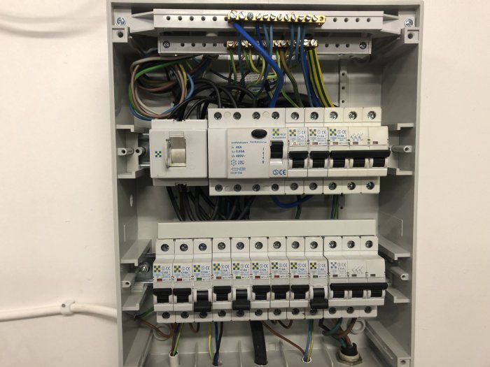 Elskåp med säkringspanel och ordnat kablage som eftersträvar synpunkter på installationen.