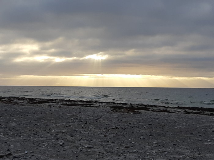 Solstrålar som tränger genom molnen över havet vid Måkläppen udden, inga sälar synliga.