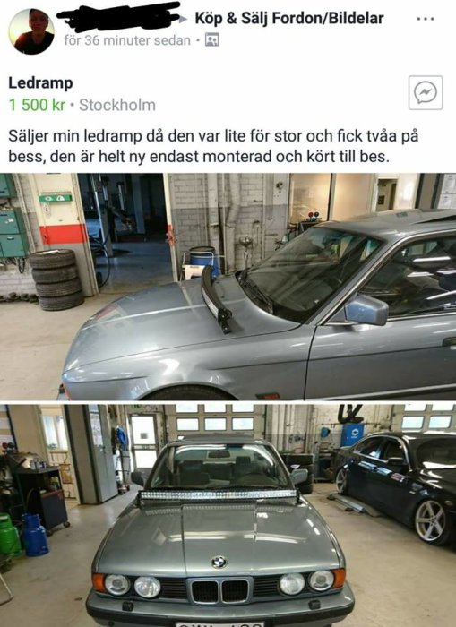 Ledramp monterad över framrutan på en BMW i en verkstad, omgiven av däck och en annan bil.