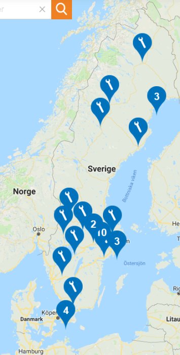 Karta över Sverige med markörer som representerar placeringen av VVS-företag diplomeras av Uponor.