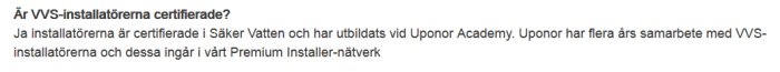Skärmbild av ett foruminlägg om certifiering av VVS-installatörer och utbildning vid Uponor Academy.