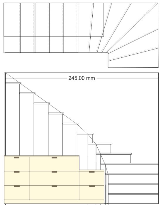 Enkel skiss av en trappa till sovloft med måttangivelser och detaljer.
