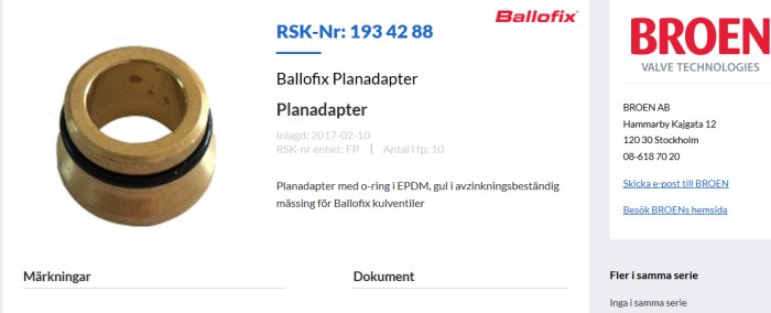 Ballofix planadapter i mässing med o-ring för kulventiler, märkt med RSK-nummer 193 42 88.