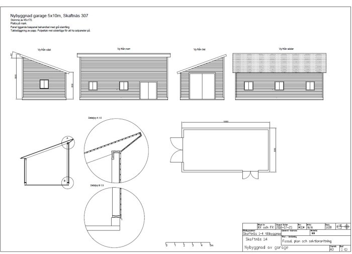 Arkitektritningar och detaljplaner för ett nybyggt garage 5x10 meter, inklusive fasadvyer och sektioner.