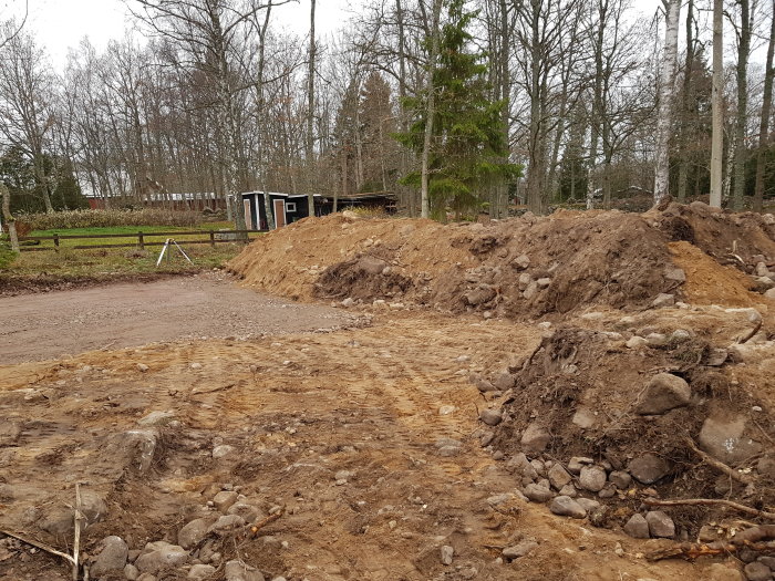 Nygrundad byggplats med uppgrävd jord och synliga lecablock vid garageprojekt.