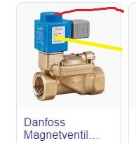 Danfoss magnetventil med röd och gul markering för instruktion om justering.