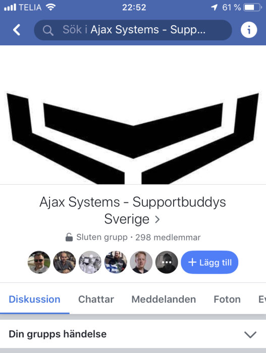 Skärmbild av en mobilapplikation för Ajax Systems supportforum med diskussionsknapp och medlemsbilder.