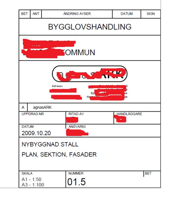 Nedre högra hörnet av en bygglovsritning med rubriken "BYGGLOVSHANDLING", innehållande text och rödmarkerade områden.