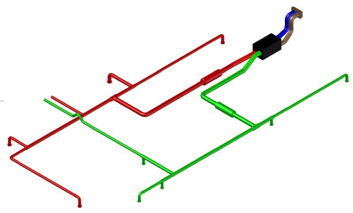 3D-ritning av ventilationsrör med röda och gröna spirorör samt ljuddämpare och böjar.