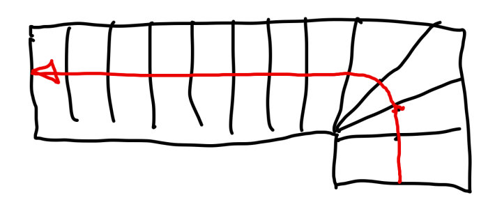 En handritad skiss av en spiraltrappa med röd markerad gånglinje och diskussion om trappgeometri.