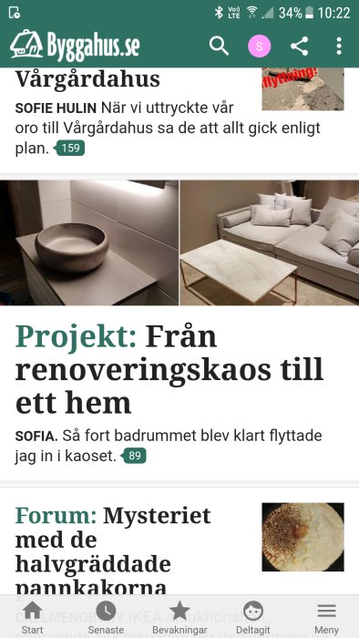 Skärmbild av byggforum med artiklar om ett renoveringsprojekt och ett foruminlägg om pannkakor.