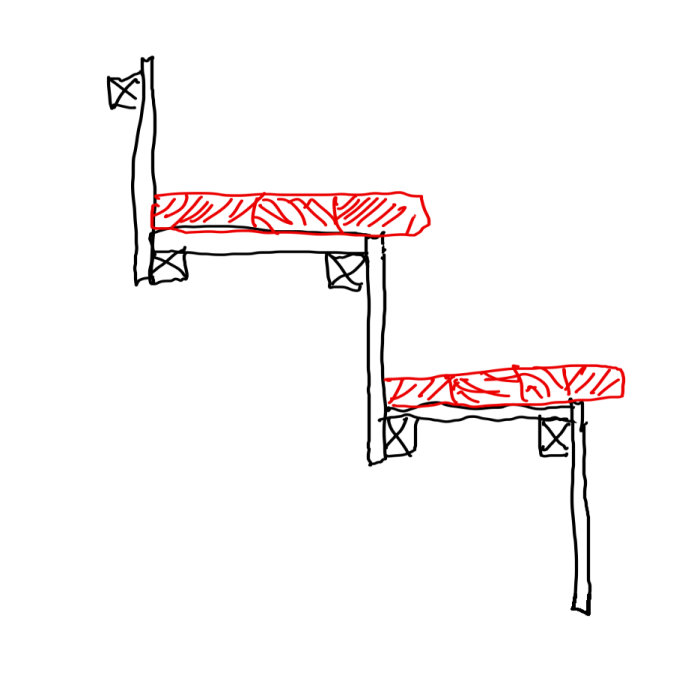 Simpel skiss av trappkonstruktion med markerade plansteg och vangstycken.