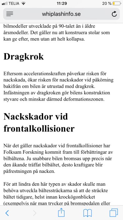 Skärmdump av en webbsida med text om dragkrokens effekt på nackskador och frontalkollisioner.