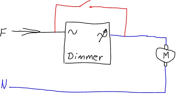 Enkelt handritat schema över koppling av dimmer till fläktmotor.