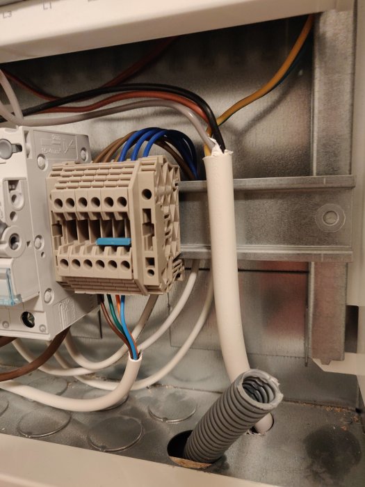 Elcentral med öppen DIN-skena, kopplingsplint och kablar i ett fasadmätarskåp.