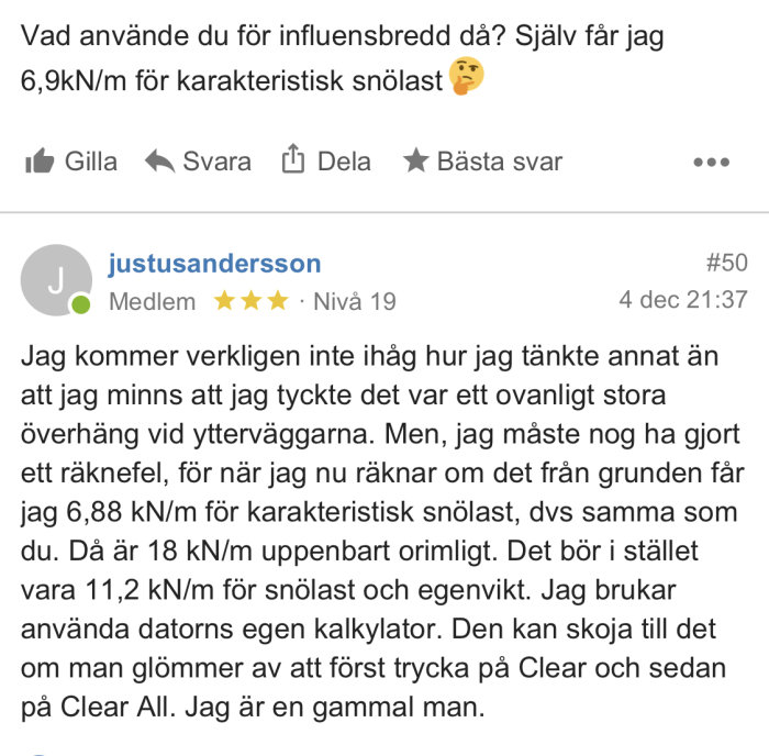 Skärmdump av ett foruminlägg med diskussion om beräkningsvärden för karaktäristisk snölast i ett byggprojekt.