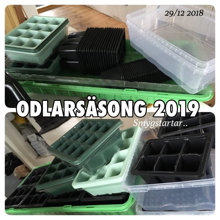 Olika sorters planteringskärl staplade på varandra, förberedda för odlarssäsongen 2019.