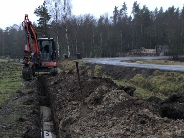 Grävskopa som gräver en lång schakt för el- och fiberkabel vid tomtgräns nära väg i dagsljus.