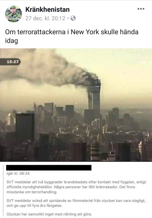 Rök stiger från en av Tvillingtornen i New York efter ett terrorattentat.