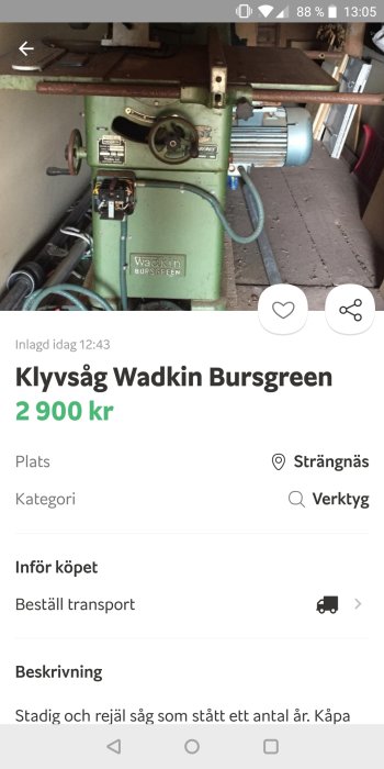 Äldre klyvsåg Wadkin Bursgreen i en verkstad, i behov av lite underhåll.