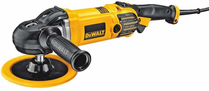 DeWalt DWP849X polermaskin i gult och svart med strömkabel och polerkudde.