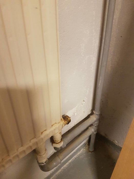 Radiator i källare med ettrörsystem, vänstra röret varmt och högra kallt, luftskruv som läckt vatten.