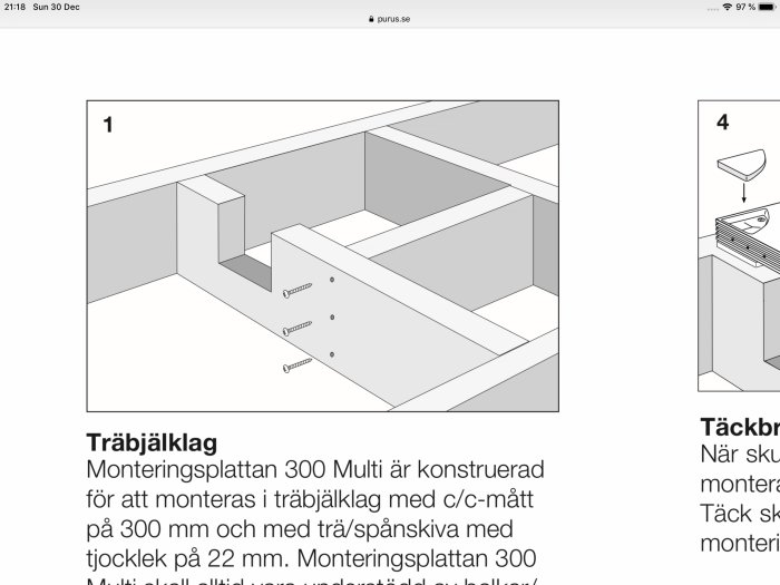 Illustration av monteringsanvisning för en Purus golvbrunn i ett träbjälklag med måttangivelser och komponenter.