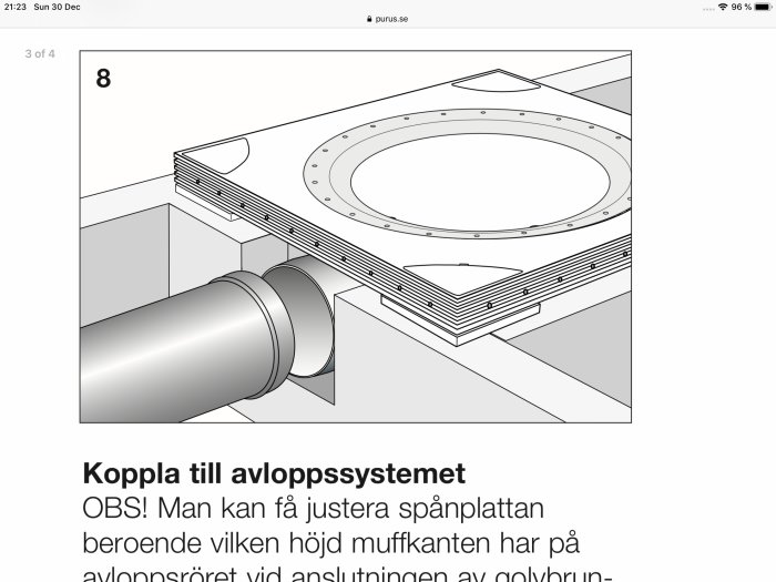 Illustration av koppling till avloppssystem med rör och montering av golvvärme.