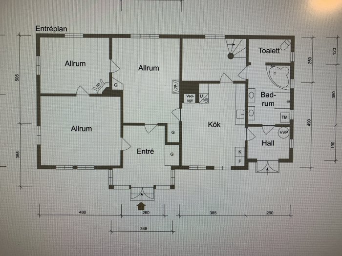 Ritning av en bostadsvåning som visar kök, badrum, toalett och allrum med måttangivelser.