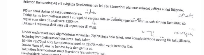 En suddig text om renoveringsåtgärder för tak, med fokus på installation av vinkeljärn och förstärkning av takbjälkar.